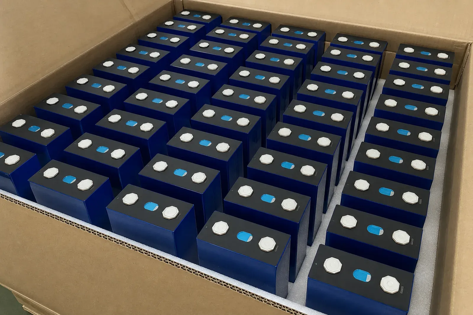 Factory photo: Incoming and dispatch packaging with flame-retardant honeycomb partitions for prismatic cells