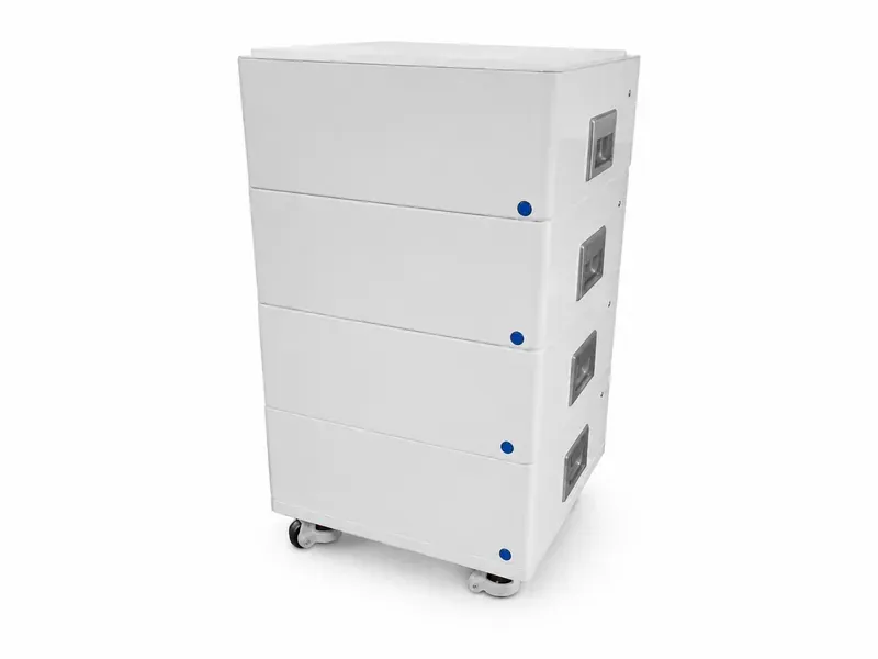 48V 100Ah server rack LiFePO4 battery for high-temperature tolerant, long-life commercial ESS and solar storage systems, with stacked white rack enclosure and side handles