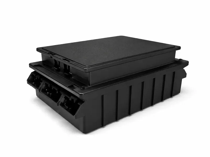 Industrial high-voltage specialty battery system for about 320V and 400V+ restricted-use projects, with rugged stacked enclosure and front connector bays