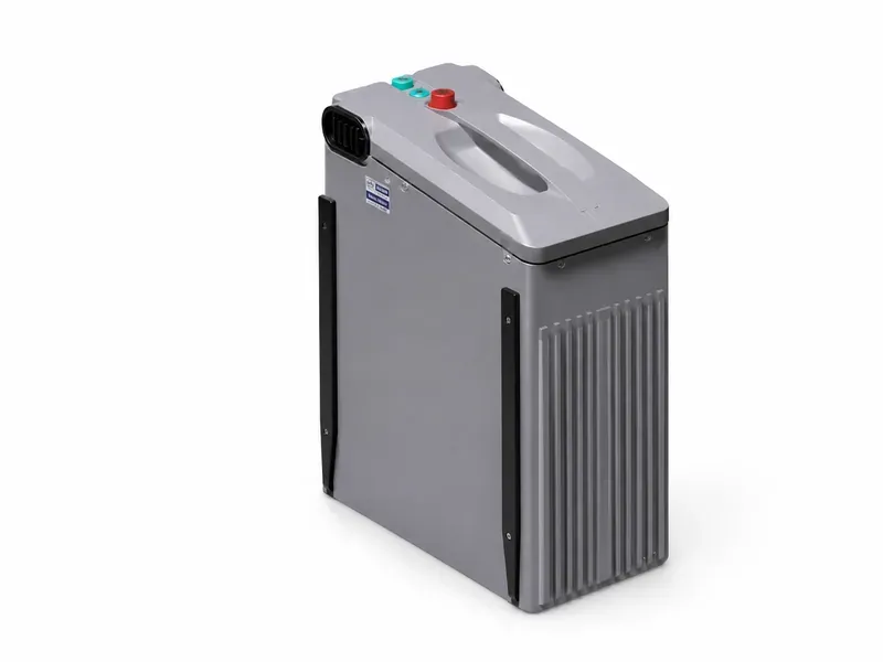 Robot and robot dog battery system with a rugged gray housing, top handle, power terminals, and cooling fins for mobile equipment integration